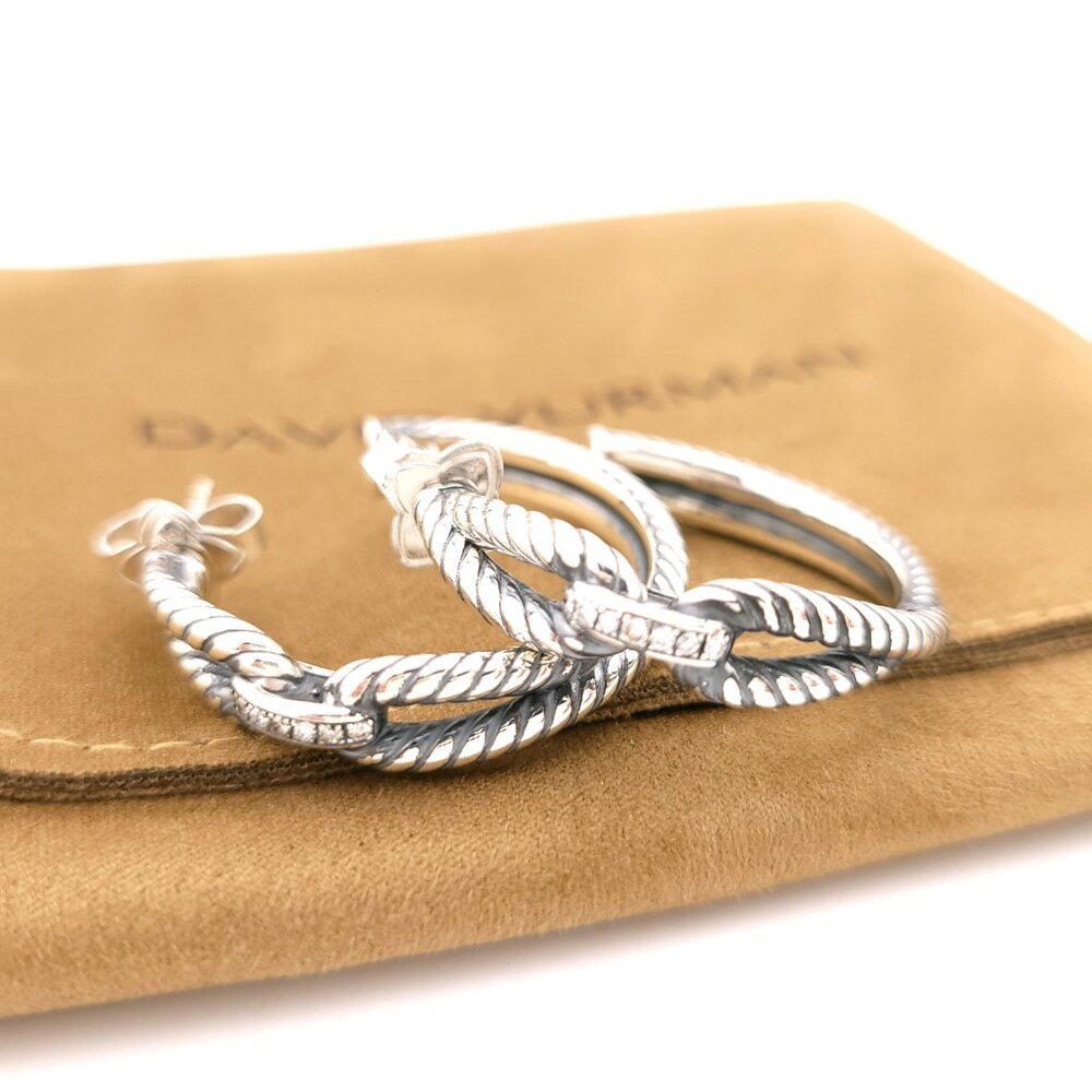David Yurman Sterling Silver Crossover Cable Diamond Loop Large Hoop Earrings